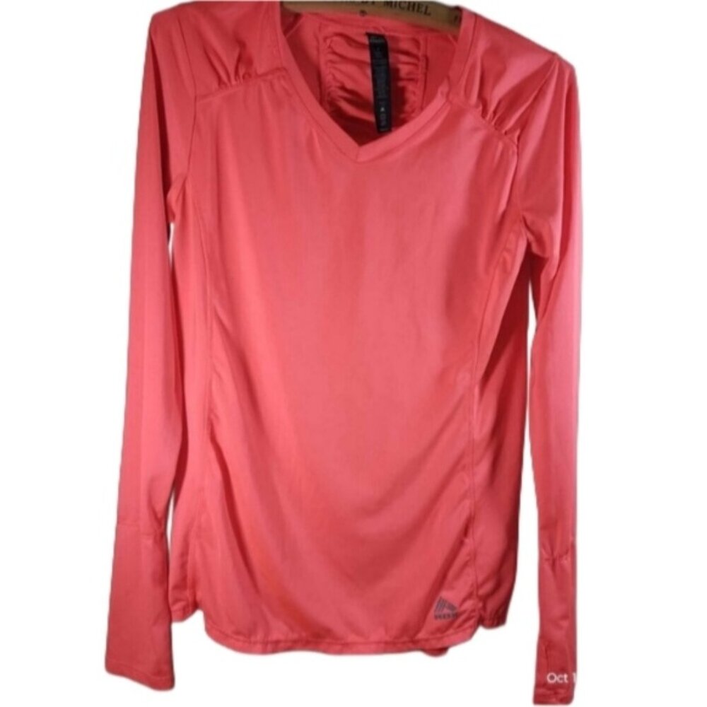 Coral Long‎ Sleeve Active Top Rouche Flattering Keyhole Thumbs Vneck